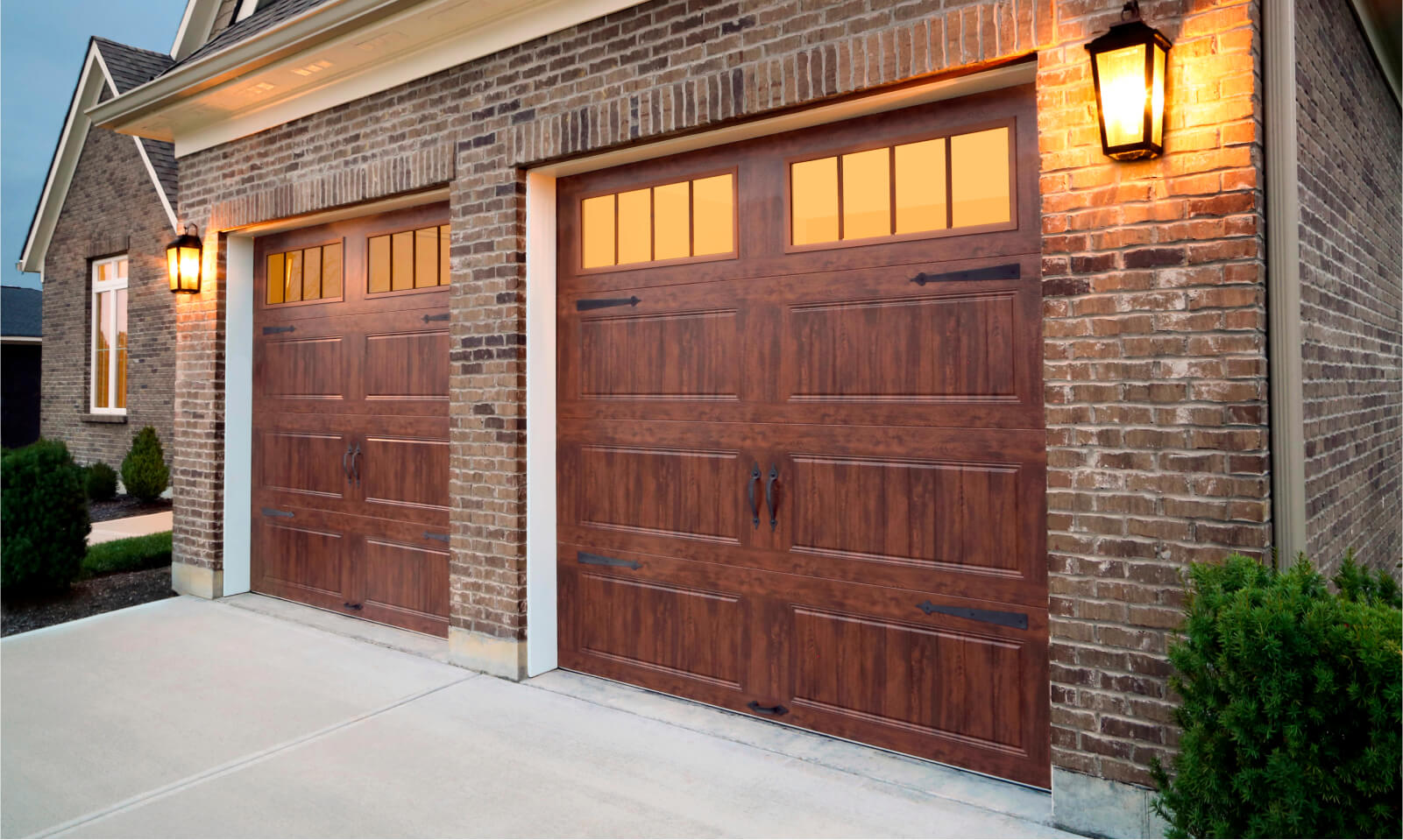 dark brown wooden garage door with glass